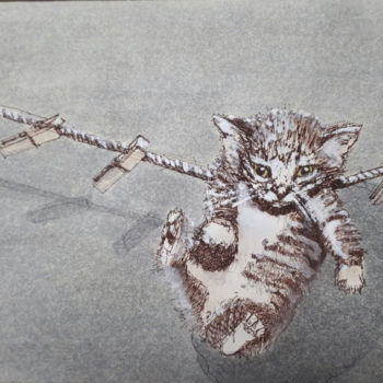 Pintura titulada "Gato colgado.jpg" por César Cubillas Ochoa, Obra de arte original, Acuarela