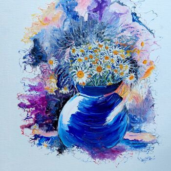 Peinture intitulée "Le vase bleu" par Cecile Boufflet, Œuvre d'art originale, Huile Monté sur Châssis en bois