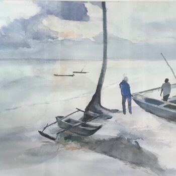 Painting titled "Zanzibar au couchant" by Cécile Guth, Original Artwork, Watercolor Mounted on Cardboard