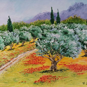 Malerei mit dem Titel "oliviers-dans-les-a…" von Cécile Labossière, Original-Kunstwerk, Öl