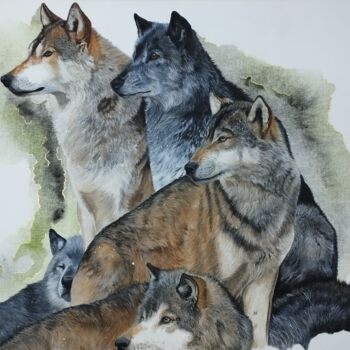 Pittura intitolato "La meute de loups" da Cécile Lefebvre (Cey's Art), Opera d'arte originale, Acquarello