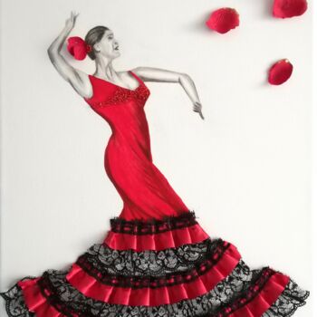 Collages titled "Flamenco" by Cecile Lenam, Original Artwork, Charcoal Mounted on Wood Stretcher frame