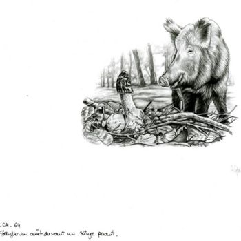 Drawing titled "Sanglier et satyre" by Cécile Aquisti, Original Artwork