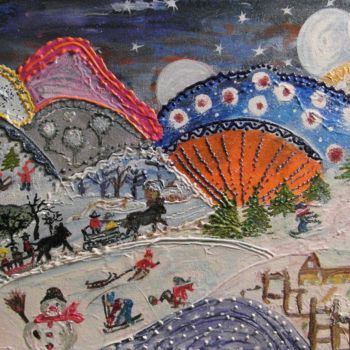 Peinture intitulée "Scène naïve d'hiver…" par Cécilia Crivelli, Œuvre d'art originale, Acrylique