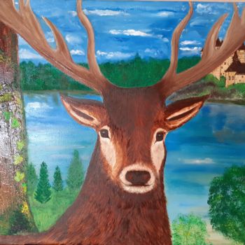 Painting titled "Le cerf aux abord d…" by Cécilia Godeneche, Original Artwork, Oil