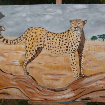 Painting titled "le guepard sur une…" by Cécilia Godeneche, Original Artwork, Oil