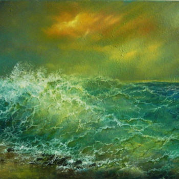 Painting titled "wave-at-sunset.jpg" by Cecilia Melinescu, Original Artwork, Oil