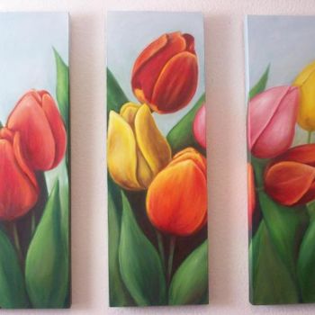 Pintura intitulada "Tríptico tulipanes" por C Ceballos, Obras de arte originais, Óleo