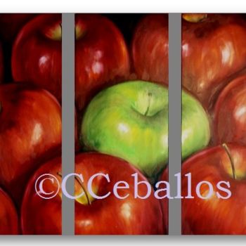 Schilderij getiteld "Tríptico Manzanas" door C Ceballos, Origineel Kunstwerk, Olie