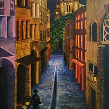 Painting titled "Mon Vieux Lyon" by Cédric Gatto, Original Artwork, Oil Mounted on Wood Stretcher frame