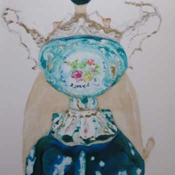 Painting titled "buste et porcelaine…" by Cegede, Original Artwork, Ink