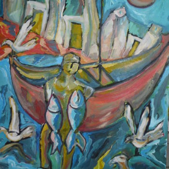 Painting titled "Jan the Fisherman" by Celeste Fourie-Wiid, Original Artwork, Oil