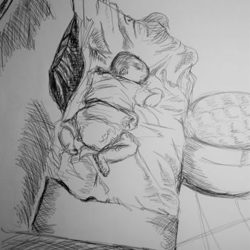 Disegno intitolato "Bébé a dormir" da Célia Senda, Opera d'arte originale, Biro