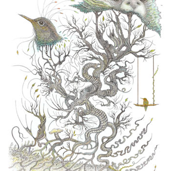 Dessin intitulée "L'Ours et l'Oiseau" par Célina Grimardia, Œuvre d'art originale, Encre