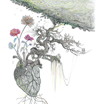 Dessin intitulée "Cœur Floral.jpg" par Célina Grimardia, Œuvre d'art originale, Encre