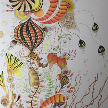 Desenho intitulada "Plantes sous-marines" por Celine Conti, Obras de arte originais, Aquarela
