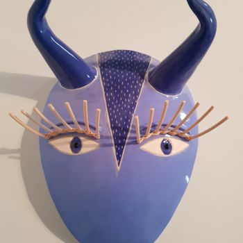 Sculpture titled "Taureau bleu" by Céline Sicard, Original Artwork, Ceramics