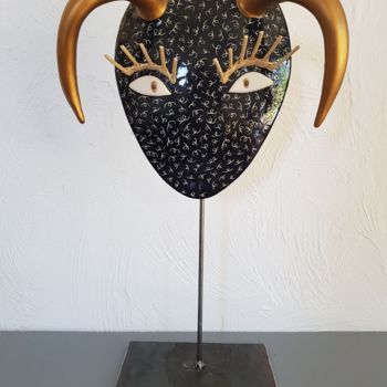 Sculpture titled "Le bélier aux corne…" by Céline Sicard, Original Artwork, Ceramics Mounted on Metal