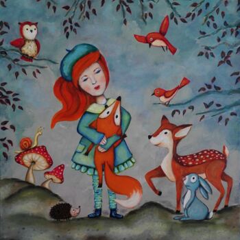 Peinture intitulée "La fille au renard" par Céline Souhy, Œuvre d'art originale, Acrylique