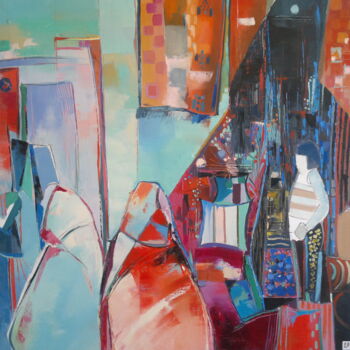 Malerei mit dem Titel "Le marché au tissu" von Celine Dabot, Original-Kunstwerk, Öl