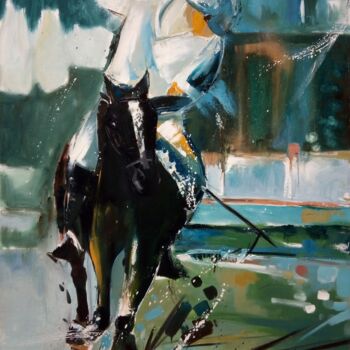 Schilderij getiteld "Le lancer" door Celine Dabot, Origineel Kunstwerk, Olie Gemonteerd op Frame voor houten brancard