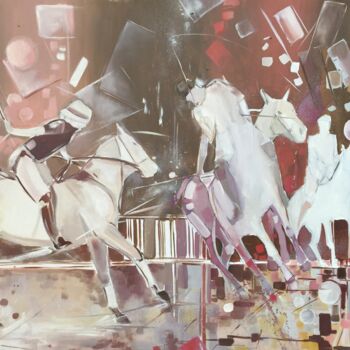 「Cavaliers blancs」というタイトルの絵画 Celine Dabotによって, オリジナルのアートワーク, オイル ウッドストレッチャーフレームにマウント