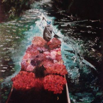 Painting titled "Barco de flores na…" by Céline Vicente, Original Artwork, Oil