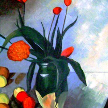 Painting titled "Tulips in a vase" by Cerazivka, Original Artwork, Oil