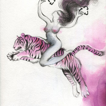 Disegno intitolato "Tiger LADY/1" da Maria Cristina Cerminara, Opera d'arte originale, Acquarello