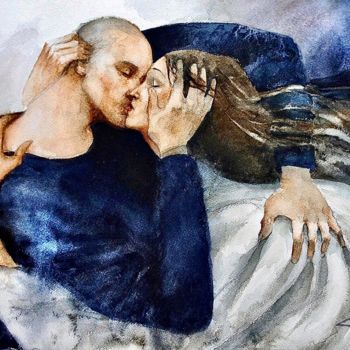 Pintura titulada "El beso" por Cesar Ayllón, Obra de arte original, Acuarela
