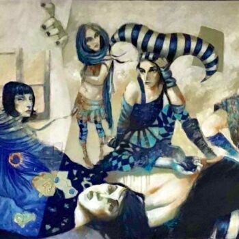 Pintura titulada "Mujeres en Añil" por Cesar Ayllón, Obra de arte original, Oleo