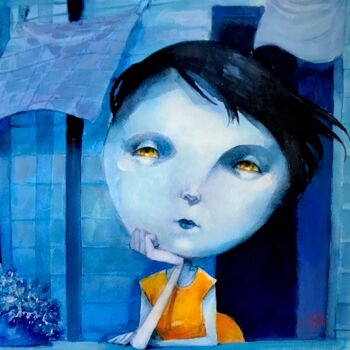 Картина под названием "Mi luna azul" - Cesar Ayllón, Подлинное произведение искусства, Масло