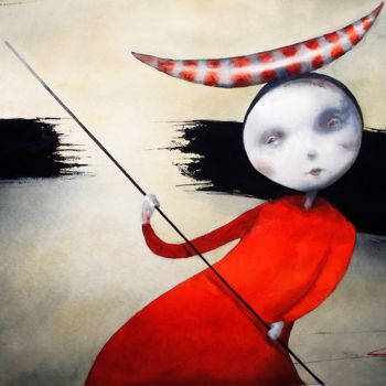 Schilderij getiteld "mujer de rojo" door Cesar Ayllón, Origineel Kunstwerk