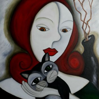 Pintura titulada "Chica con su gato." por Céu Barros, Obra de arte original, Oleo