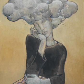 Schilderij getiteld "tete-nuage-fond-jau…" door Jean-Pierre Ceytaire, Origineel Kunstwerk, Olie