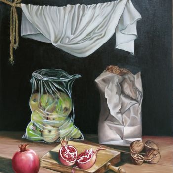 Peinture intitulée "Nueces y frutas" par María Rosario Aladro Loza, Œuvre d'art originale, Huile Monté sur Panneau de bois