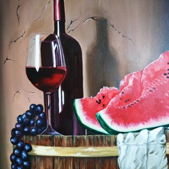 Painting titled "Vino y frutas" by María Rosario Aladro Loza, Original Artwork, Oil Mounted on Other rigid panel