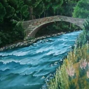 Painting titled "Puente de Andorra" by María Rosario Aladro Loza, Original Artwork, Oil Mounted on Wood Panel