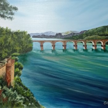 Painting titled "Puente sobre el río…" by María Rosario Aladro Loza, Original Artwork, Oil Mounted on Wood Panel
