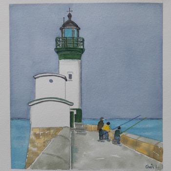 Painting titled "Partie de pêche au…" by Christel Bous Legent, Original Artwork, Watercolor