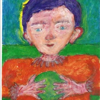 Pintura titulada "Niño con bola senta…" por Chabacan, Obra de arte original
