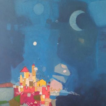 Peinture intitulée "nuit-en-bleu-satin-…" par Chafa Ouzzani, Œuvre d'art originale