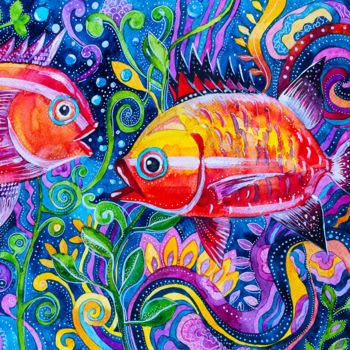 Pittura intitolato "Dipinto pesci mare…" da Kateryna Kovarzh, Opera d'arte originale, Acquarello