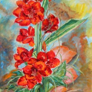 Pintura intitulada "Amaryllis Rouge" por Liliane Chanal-Jouet, Obras de arte originais