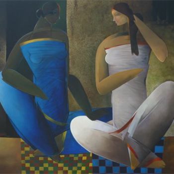 Painting titled "An Evening Gossip" by Chanchal Mukherjee, Original Artwork