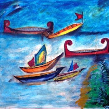 Painting titled "Kerala Backwaters" by Narayanan Ramachandran, Original Artwork, Oil