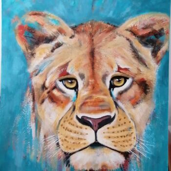 Painting titled "La lionne" by Chant, Original Artwork, Acrylic Mounted on Wood Stretcher frame