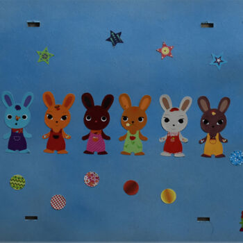 Collages intitolato "Les copains lapins" da Chantal Bonnet, Opera d'arte originale, Collages Montato su Altro pannello rigido
