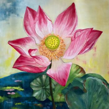 Painting titled "Lotus rose" by Chantal Derrien, Original Artwork, Acrylic