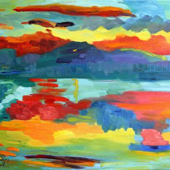 Painting titled "Coucher de soleil s…" by Chantal Heudier, Original Artwork, Oil Mounted on Wood Stretcher frame